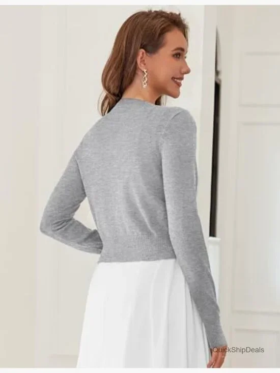 Cropped Cardigan Bolero Shrug, Button Down Long Sleeve Knit Sweater - Picture 3 of 7